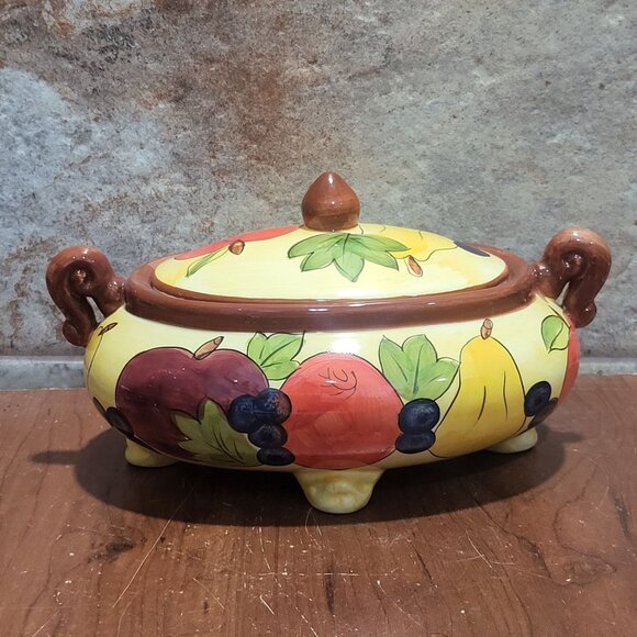 Serving Bowl With Lid Handles Fruit Design Soup Tureen Casserole Footed Dish - Picture 1 of 11